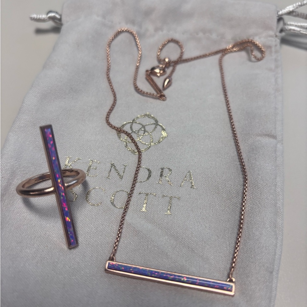 Kendra Scott Kyocera opal lavender in rose gold ring size 8 & Kelsey necklace